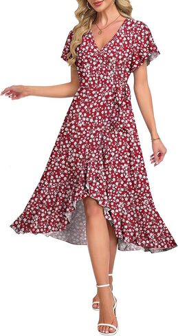 AUSELILY Women Summer Midi Dresses Wrap Short Flutter Sleeve V Neck Boho Slit Flowy Ruffle Dress Wedding Guest Dresses in Saudi Arabia