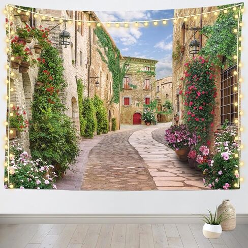 Loccor 80''x60'' Italy Alley Tapestry Tuscany Old Town Narrow Street Background European Building Scene Blooming Flowers Wall Hanging for Holiday Party Decor Kids Adult Theme Living Room Dorm Decor in Saudi Arabia