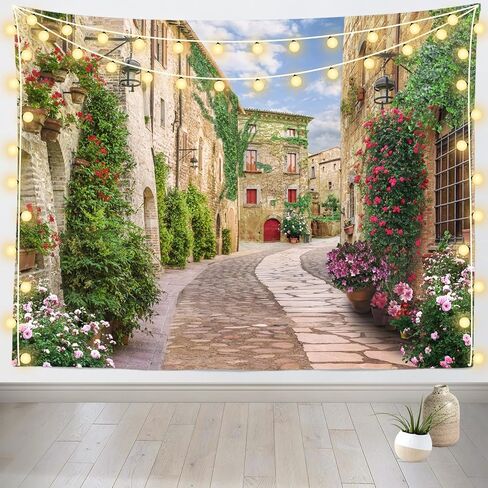 Loccor 80''x60'' Italy Alley Tapestry Tuscany Old Town Narrow Street Background European Building Scene Blooming Flowers Wall Hanging for Holiday Party Decor Kids Adult Theme Living Room Dorm Decor in Saudi Arabia