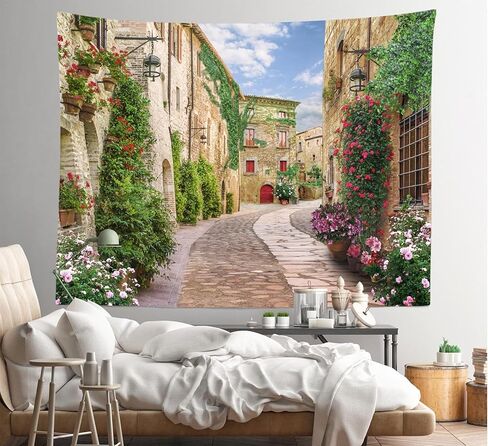 Loccor 80''x60'' Italy Alley Tapestry Tuscany Old Town Narrow Street Background European Building Scene Blooming Flowers Wall Hanging for Holiday Party Decor Kids Adult Theme Living Room Dorm Decor in Saudi Arabia