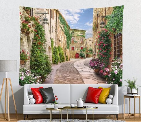 Loccor 80''x60'' Italy Alley Tapestry Tuscany Old Town Narrow Street Background European Building Scene Blooming Flowers Wall Hanging for Holiday Party Decor Kids Adult Theme Living Room Dorm Decor in Saudi Arabia