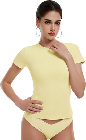 Women's Short Sleeve Crop Tops Slim Fit T Shirts Non See Through 82% Nylon Spandex Basic Stretchy Y2K Casual Workout Tees in Saudi Arabia