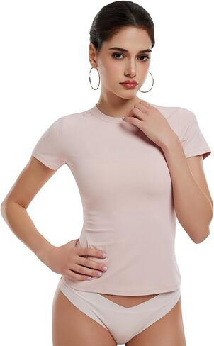 Women's Short Sleeve Crop Tops Slim Fit T Shirts Non See Through 82% Nylon Spandex Basic Stretchy Y2K Casual Workout Tees in Saudi Arabia