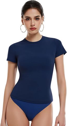 Women's Short Sleeve Crop Tops Slim Fit T Shirts Non See Through 82% Nylon Spandex Basic Stretchy Y2K Casual Workout Tees in Saudi Arabia