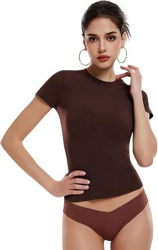 Women's Short Sleeve Crop Tops Slim Fit T Shirts Non See Through 82% Nylon Spandex Basic Stretchy Y2K Casual Workout Tees in Saudi Arabia
