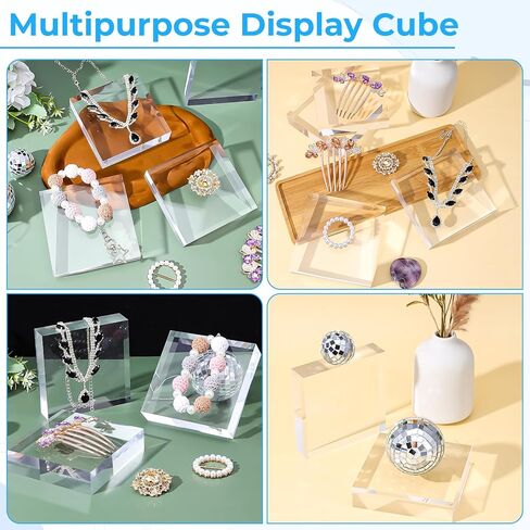 4Pcs Acrylic Blocks for Display 4 x 4 x 1 Inch Clear Acrylic Square Display Block Lucite Blocks Clear Polished Cube Risers Solid Jewelry Pedestal Stand for Jewelry Perfume Ring Collection Props Cake in Kuwait