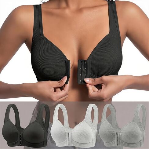 3PCS Front Closure Bras for Women,No Underwire Push Up Full Coverage Cotton Bralette,Dark Gray + Light Gray + Black,2XL Size in Saudi Arabia