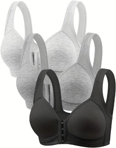 3PCS Front Closure Bras for Women,No Underwire Push Up Full Coverage Cotton Bralette,Dark Gray + Light Gray + Black,2XL Size in Saudi Arabia