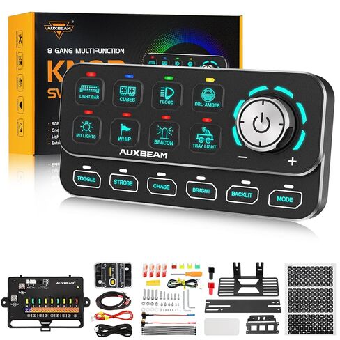 لوحة مفاتيح Auxbeam KS-80 8 Gang مع مقبض دوار - لوحة تحكم بإضاءة خلفية RGB عالمية مع 4 أوضاع تبديل/لحظية/نبض/SOS و4 مشغلات، ضوء مطاردة وتعتيم لشاحنة القوارب البحرية على الطرق الوعرة in Saudi Arabia