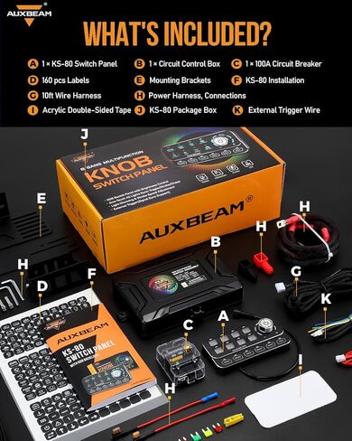 لوحة مفاتيح Auxbeam KS-80 8 Gang مع مقبض دوار - لوحة تحكم بإضاءة خلفية RGB عالمية مع 4 أوضاع تبديل/لحظية/نبض/SOS و4 مشغلات، ضوء مطاردة وتعتيم لشاحنة القوارب البحرية على الطرق الوعرة in Saudi Arabia