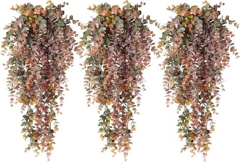 RECUTMS Faux Hanging Eucalyptus Plant Fake Hanging Plants 3Pcs Artificial Eucalyptus Leaves Vines Faux Draping Greenery Wall Decor for Spring Indoor Outdoor Room Wedding Valentine's Day(Dusty Red) in Saudi Arabia