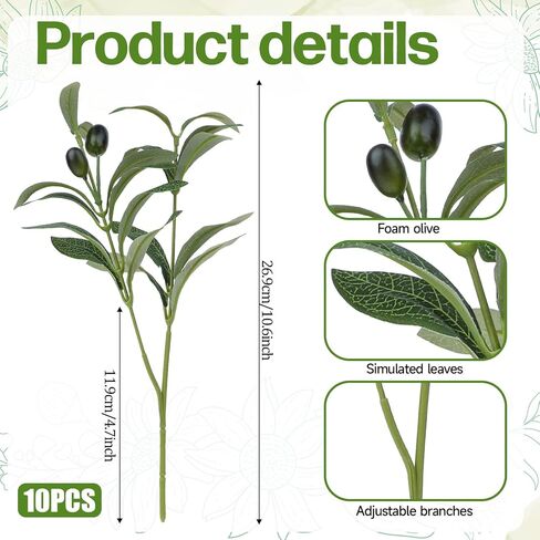 10.23" Artificial Olive Leaves Stems, 10 Sticks Fake Olive Branches for Vases, Artificial Plants Olives Tree Branches Indoor Greenery, Faux Greenery Stems for Vase Tabletop Home Office Wedding Party in Kuwait