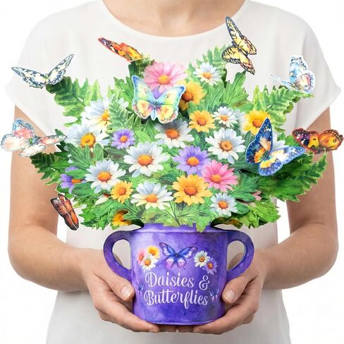 Decorably Individual Handmade 12in Pop Up Flowers Bouquet Card with Blank Notecard and Envelope - 3D Blooming Daisy and Butterfly Designs - All Occasions, Birthday, Mother's Day, Wedding Decor in Saudi Arabia