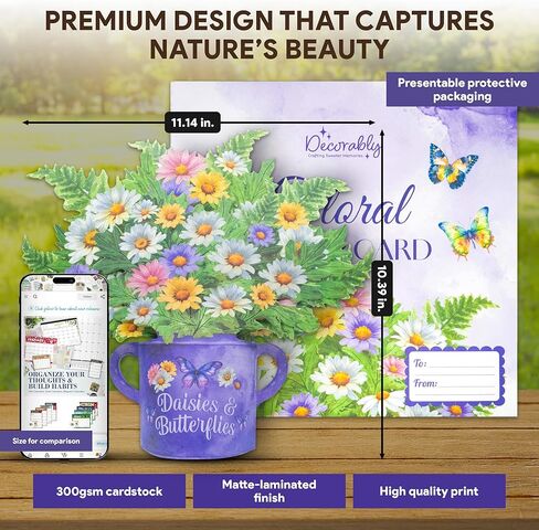 Decorably Individual Handmade 12in Pop Up Flowers Bouquet Card with Blank Notecard and Envelope - 3D Blooming Daisy and Butterfly Designs - All Occasions, Birthday, Mother's Day, Wedding Decor in Saudi Arabia