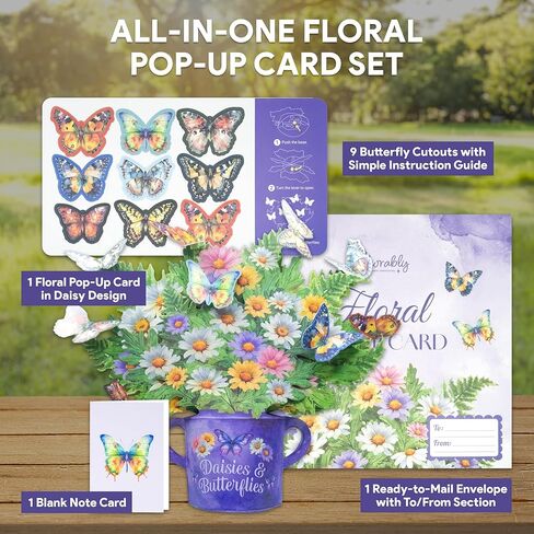 Decorably Individual Handmade 12in Pop Up Flowers Bouquet Card with Blank Notecard and Envelope - 3D Blooming Daisy and Butterfly Designs - All Occasions, Birthday, Mother's Day, Wedding Decor in Saudi Arabia