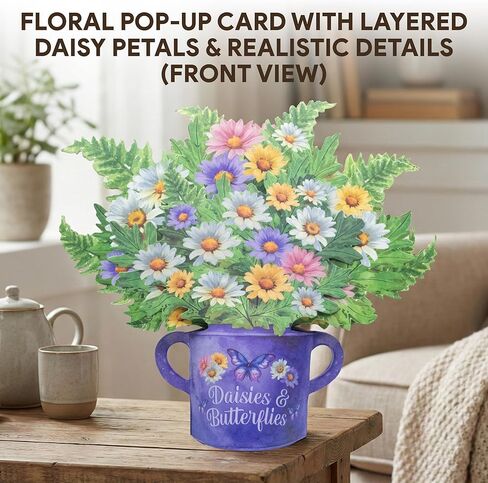 Decorably Individual Handmade 12in Pop Up Flowers Bouquet Card with Blank Notecard and Envelope - 3D Blooming Daisy and Butterfly Designs - All Occasions, Birthday, Mother's Day, Wedding Decor in Saudi Arabia