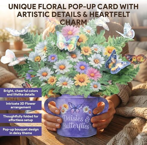 Decorably Individual Handmade 12in Pop Up Flowers Bouquet Card with Blank Notecard and Envelope - 3D Blooming Daisy and Butterfly Designs - All Occasions, Birthday, Mother's Day, Wedding Decor in Saudi Arabia