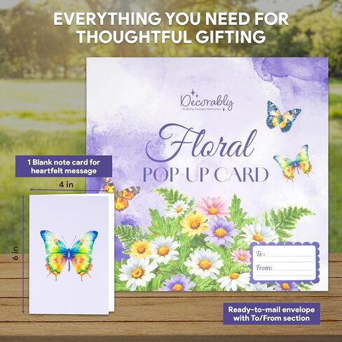 Decorably Individual Handmade 12in Pop Up Flowers Bouquet Card with Blank Notecard and Envelope - 3D Blooming Daisy and Butterfly Designs - All Occasions, Birthday, Mother's Day, Wedding Decor in Saudi Arabia