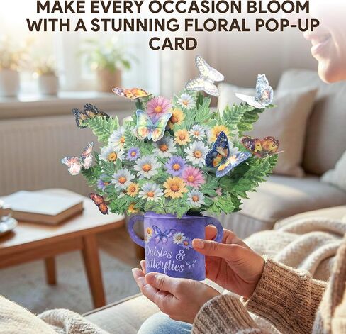 Decorably Individual Handmade 12in Pop Up Flowers Bouquet Card with Blank Notecard and Envelope - 3D Blooming Daisy and Butterfly Designs - All Occasions, Birthday, Mother's Day, Wedding Decor in Saudi Arabia