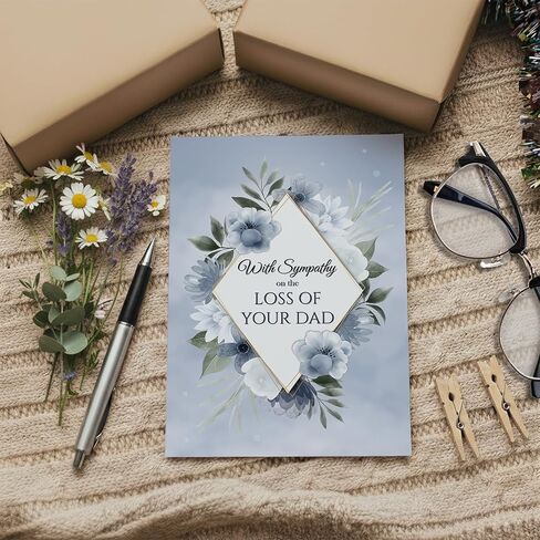 Sympathy Card – Loss of Dad – Blue Floral A5 Greeting Card with Message – Premium UK Made Design in Kuwait