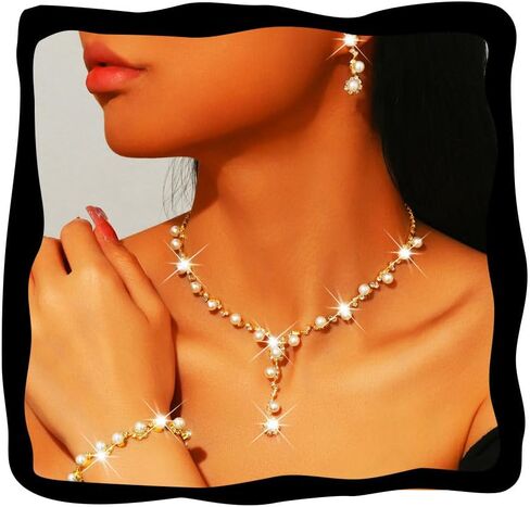 GORAIS Pearl Wedding Jewelry Set Silver Necklace Earrings Sets Costume Jewelry for Women and Bride in Kuwait