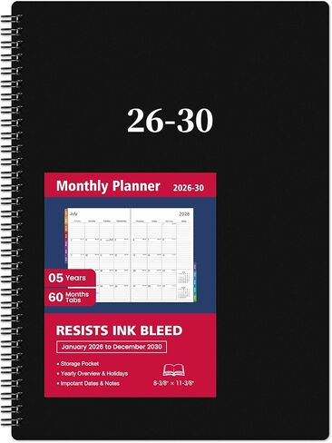 Monthly Planner 2026-2030, 5-Year Calendar Planner 2026-2030, Jan 2026 – Dec 2030, 8-3/8" × 11-3/8"‌, Monthly Tabs, Back Pocket, Thick Paper, Notes in Saudi Arabia