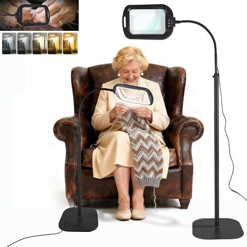 10X 30X Rectangle Magnifying Glass with Light and Floor Stand, Flexible Metal Gooseneck Floor Lamp Large Lighted Magnifier, 5 Color Stepless Dimming, Hands-Free for Close Work Reading Crafts Sewing in Saudi Arabia