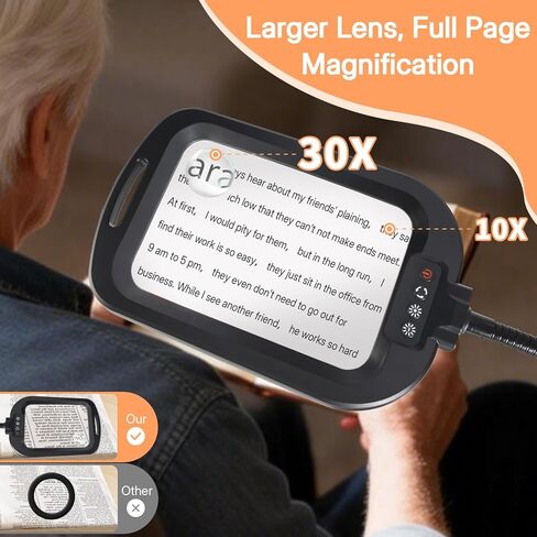 10X 30X Rectangle Magnifying Glass with Light and Floor Stand, Flexible Metal Gooseneck Floor Lamp Large Lighted Magnifier, 5 Color Stepless Dimming, Hands-Free for Close Work Reading Crafts Sewing in Saudi Arabia