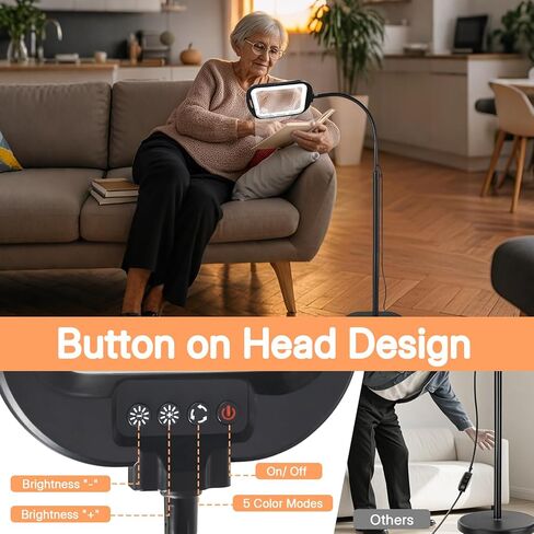 10X 30X Rectangle Magnifying Glass with Light and Floor Stand, Flexible Metal Gooseneck Floor Lamp Large Lighted Magnifier, 5 Color Stepless Dimming, Hands-Free for Close Work Reading Crafts Sewing in Saudi Arabia