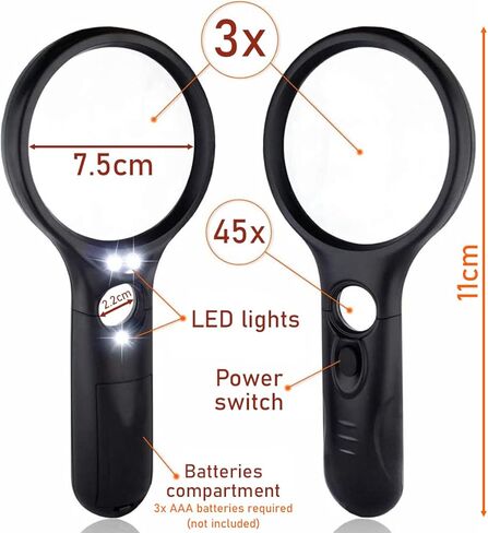 Heavy-Duty Magnifying Glass with Light | 3X & 45x Magnification | Scratch-Proof Lens | Handheld | Lightweight | for Seniors with Macular Degeneration, Adults with Hobbies & Kids with Curiosity in Saudi Arabia
