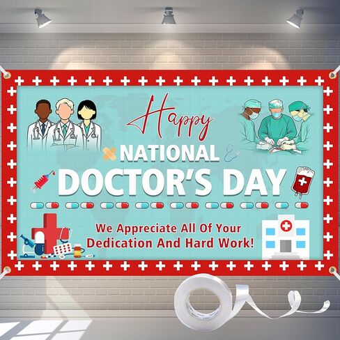خلفية يوم الطبيب الوطني السعيد، لافتة تقدير الطبيب مقاس 6 × 4 أقدام | ديكورات الحفلات من Thanks You Doctors، نسيج بوليستر مع شريط و4 حلقات نحاسية لكشك الصور، داخلي وخارجي in Kuwait