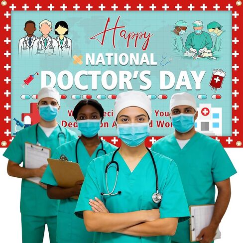 خلفية يوم الطبيب الوطني السعيد، لافتة تقدير الطبيب مقاس 6 × 4 أقدام | ديكورات الحفلات من Thanks You Doctors، نسيج بوليستر مع شريط و4 حلقات نحاسية لكشك الصور، داخلي وخارجي in Kuwait