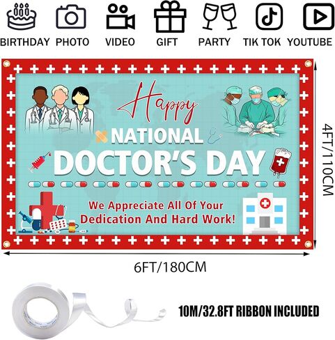 خلفية يوم الطبيب الوطني السعيد، لافتة تقدير الطبيب مقاس 6 × 4 أقدام | ديكورات الحفلات من Thanks You Doctors، نسيج بوليستر مع شريط و4 حلقات نحاسية لكشك الصور، داخلي وخارجي in Kuwait