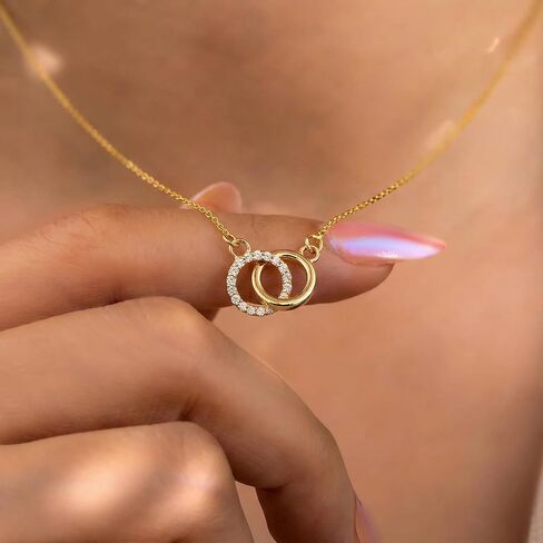 GELIN Diamond Interlocking Circle Necklace for Women | 14k Solid Gold Intertwined Circle Necklace | Double Circle Necklace in 14k Real Gold, 18" in Kuwait