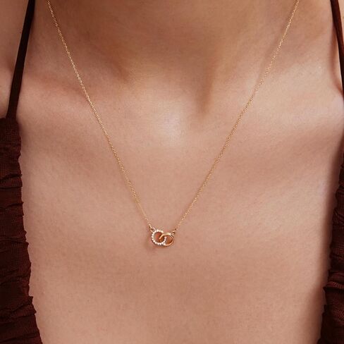 GELIN Diamond Interlocking Circle Necklace for Women | 14k Solid Gold Intertwined Circle Necklace | Double Circle Necklace in 14k Real Gold, 18" in Kuwait