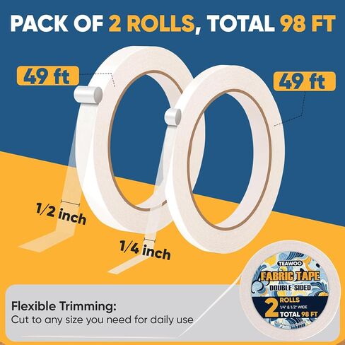 2 Rolls Double Sided Fabric Tape, 98 FT Hem Tape No Sewing No Iron, Quick Clothing Repairs, Clothing Tape for Fabric Bonding & DIY Crafts in Kuwait