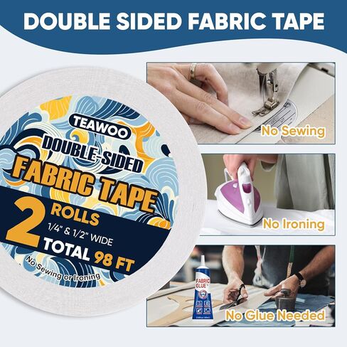 2 Rolls Double Sided Fabric Tape, 98 FT Hem Tape No Sewing No Iron, Quick Clothing Repairs, Clothing Tape for Fabric Bonding & DIY Crafts in Kuwait