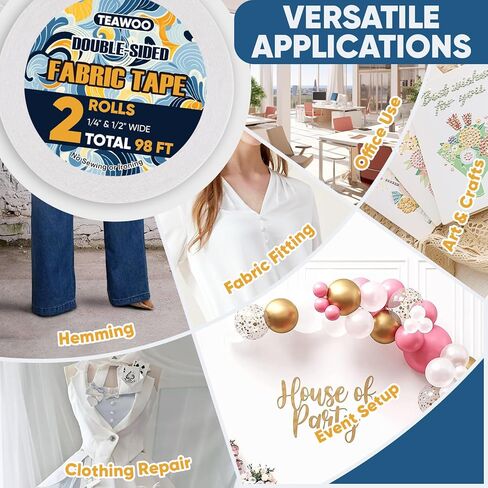 2 Rolls Double Sided Fabric Tape, 98 FT Hem Tape No Sewing No Iron, Quick Clothing Repairs, Clothing Tape for Fabric Bonding & DIY Crafts in Kuwait