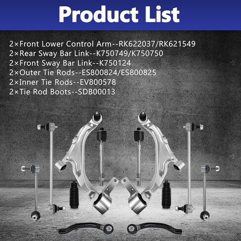 Control Arm, Replacement For Front Lower Control Arm With Ball Joint Front Rear Sway Bar Inner Outer Tie Rod Boots Compatible With 2007-2013 Acura MDX - 12 Pcs in Saudi Arabia