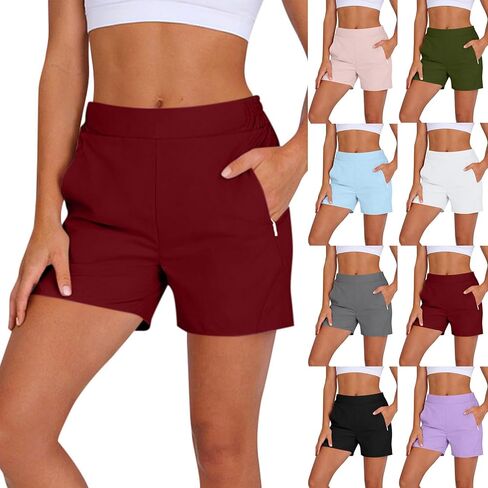 شورتات رياضية نسائية رياضية عصرية بلون سادة كاجوال بخصر مطاطي وسحاب وجيب، سراويل قصيرة للركض والعرق in Kuwait