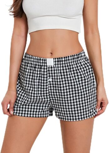 Y2k Plaid Shorts Baggy Boxer Shorts for Women Elastic Waist Casual Lounge Bottom Gingham Pajama Shorts Sleepwear in Kuwait