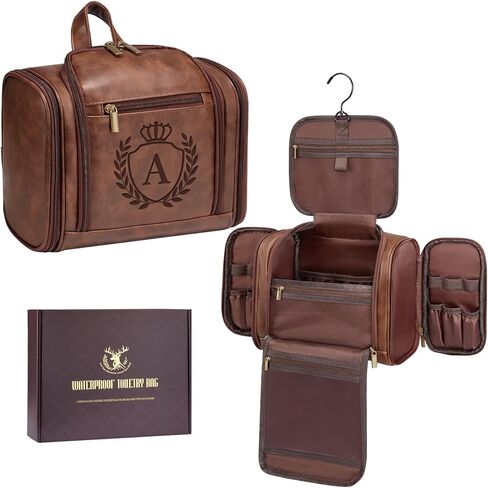 Personalized Birthday Gifts for Men Large Leather Toiletry Travel Bag Hanging Shaving Dopp Kit Bathroom Hygiene Case, Custom Gifts for Mens Boss Manager New Job Promotion Cognac Initial D in Kuwait