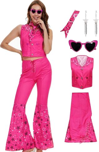 Poboola Pink Cowgirl Costume 80s Outfits for Women 70s Disco Costume Hippie Flare Pant Halloween Cosplay With Glasses Scarf in Kuwait