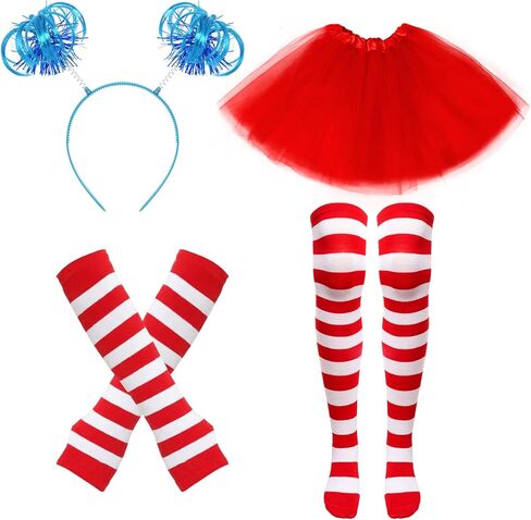 4Pcs Red and Blue Layered Tulle Tutu Costumes Set with Ponytail Headband Fingerless Gloves Knee High Socks for Women in Kuwait