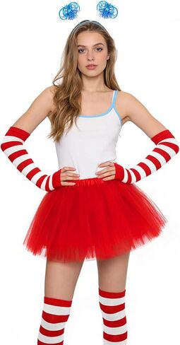 4Pcs Red and Blue Layered Tulle Tutu Costumes Set with Ponytail Headband Fingerless Gloves Knee High Socks for Women in Kuwait