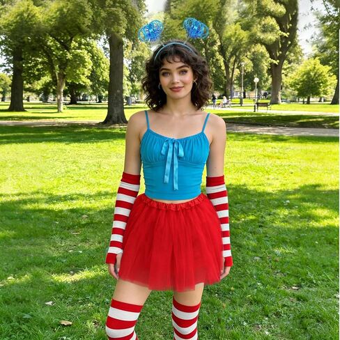 4Pcs Red and Blue Layered Tulle Tutu Costumes Set with Ponytail Headband Fingerless Gloves Knee High Socks for Women in Kuwait