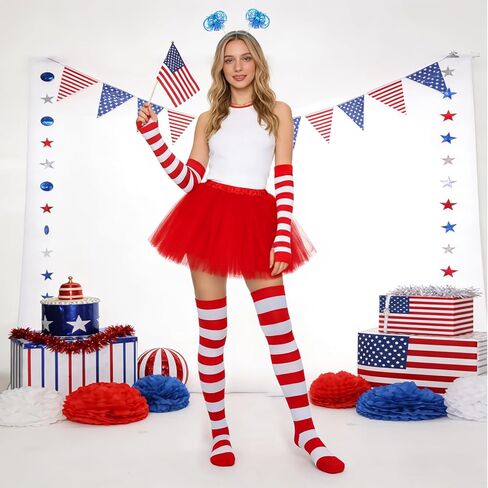 4Pcs Red and Blue Layered Tulle Tutu Costumes Set with Ponytail Headband Fingerless Gloves Knee High Socks for Women in Kuwait