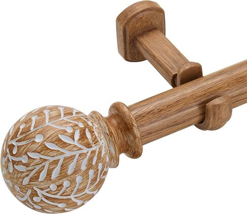 1-1/8 Inch Diameter Wood Curtain Rods for Windows 48 to 84 inch - Adjustable Seamless Aluminum Bracket - Heavy-Duty Boho Curtain Rods with Seaweed Finial - Brown Wood Grain in Kuwait