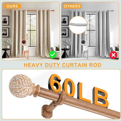1-1/8 Inch Diameter Wood Curtain Rods for Windows 48 to 84 inch - Adjustable Seamless Aluminum Bracket - Heavy-Duty Boho Curtain Rods with Seaweed Finial - Brown Wood Grain in Kuwait
