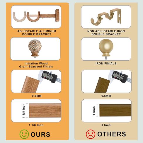 1-1/8 Inch Diameter Wood Curtain Rods for Windows 48 to 84 inch - Adjustable Seamless Aluminum Bracket - Heavy-Duty Boho Curtain Rods with Seaweed Finial - Brown Wood Grain in Kuwait